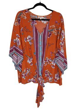 Style & Co Floral Tie-Front Kimono Top Orange Multicolor Size XL Womens